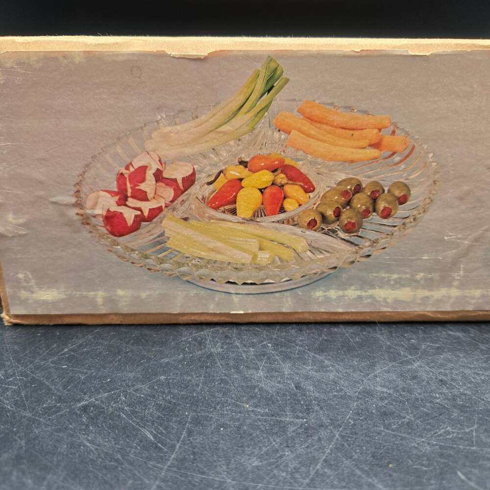 Vintage Kromex Lazy Susan Divided Glass Relish Tray Chrome Base Factory Sealed